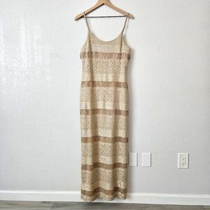 VNTG Evening Gown Bari-Jay Size 13-14 Large  Sparkle Gold Slip Dress Crochet Y2K